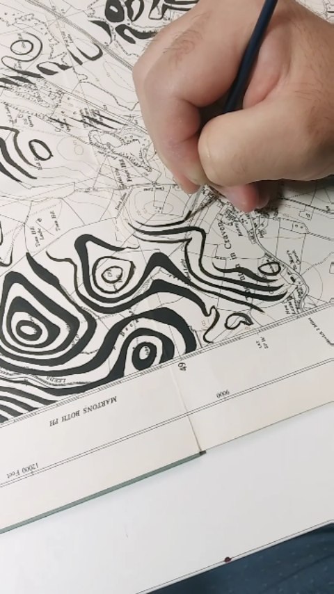 At which point does a draftsman become a painter?
.
In contrast to my last post, here's a (very) short selection of contoured works - a totally different approach to a totally different type of map. I like to use a brush wherever I can - the technique begins to feel like abstract calligraphy in a topographic language. It also blurs the divide between being a draftsperson and a painter which is always interesting to think about.